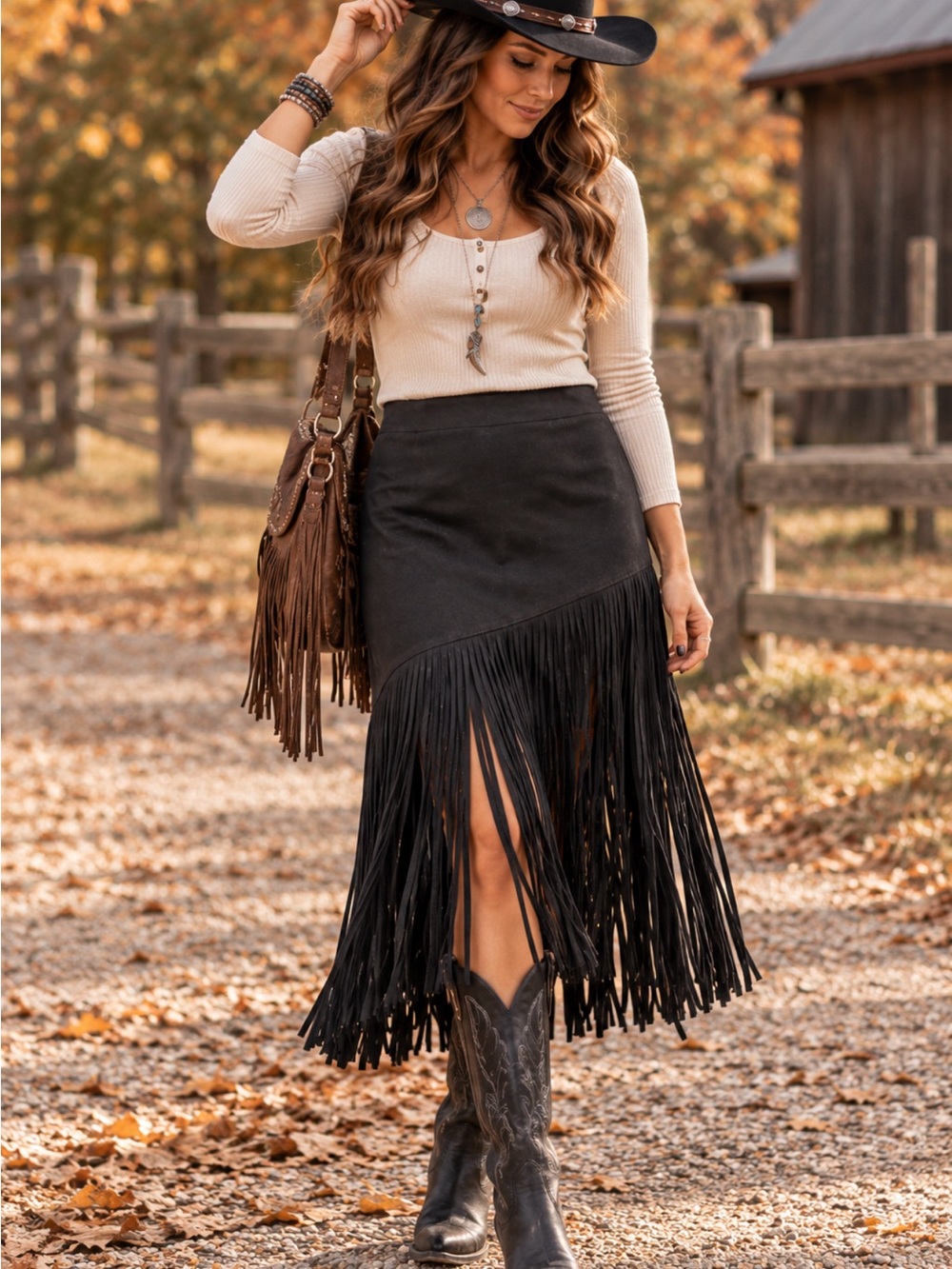 Boston Proper Black Faux Suede Fringe Midi Skirt 8 Western Cowgirl Boho